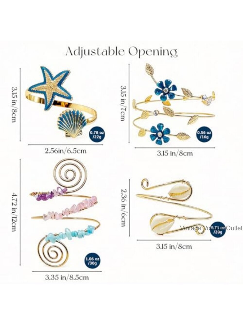 Gold Arm Cuff Set 4PCS Adjustable Open Cuff Bracelets for Summer Beach Festival